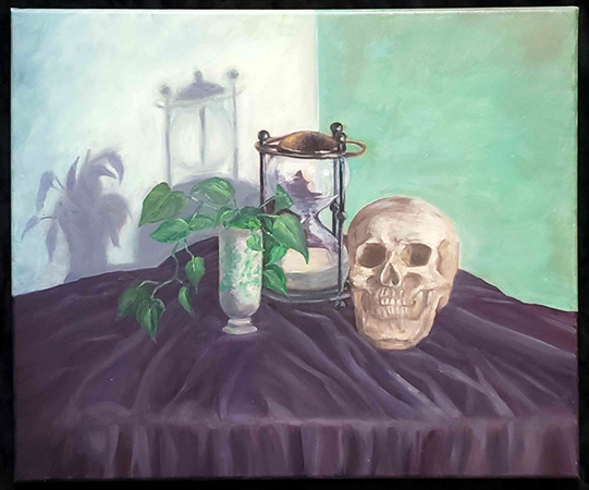 Adriana Prado - Still like skull/plant+hourglass Oil on canvas