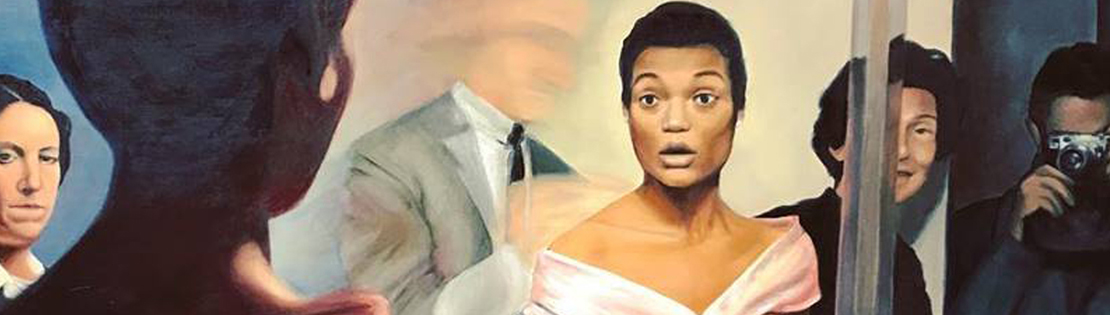 Painting of a Black woman wearing a grey dress standing in front of a white man with a blurry face