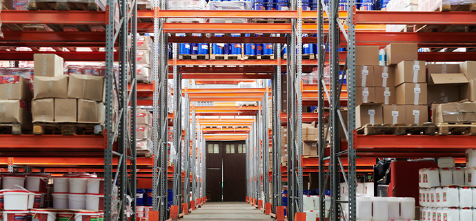 Storage warehouse with orange shelves that hold boxes and shipping materials. 
