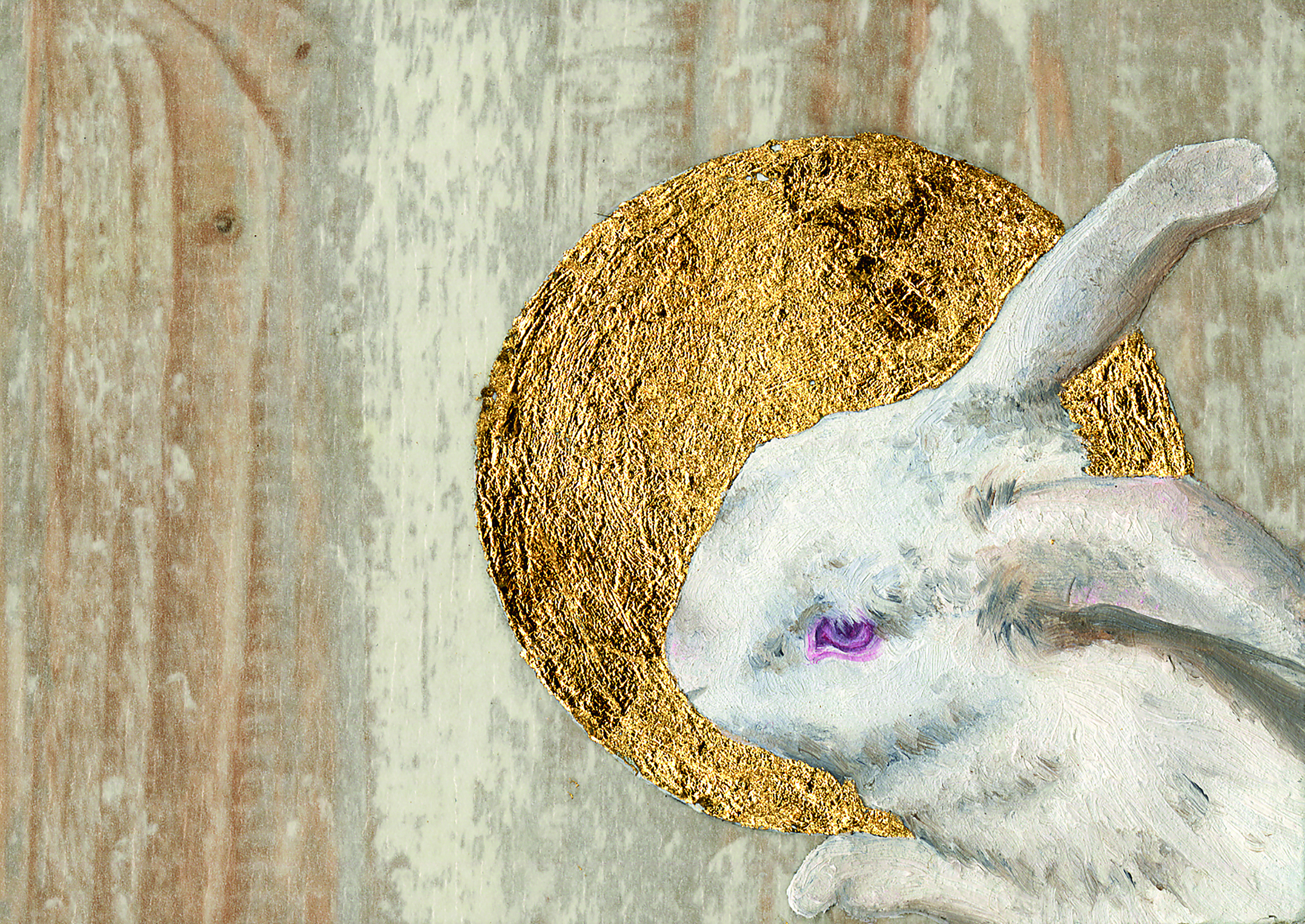A painting of a rabbit in front of a tan circle over a grey background