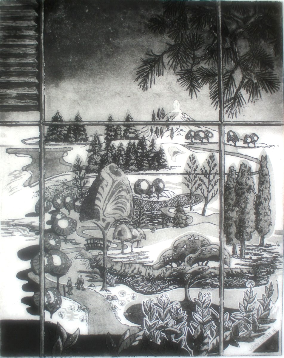 A black and white painting of a landscape with mountains and trees