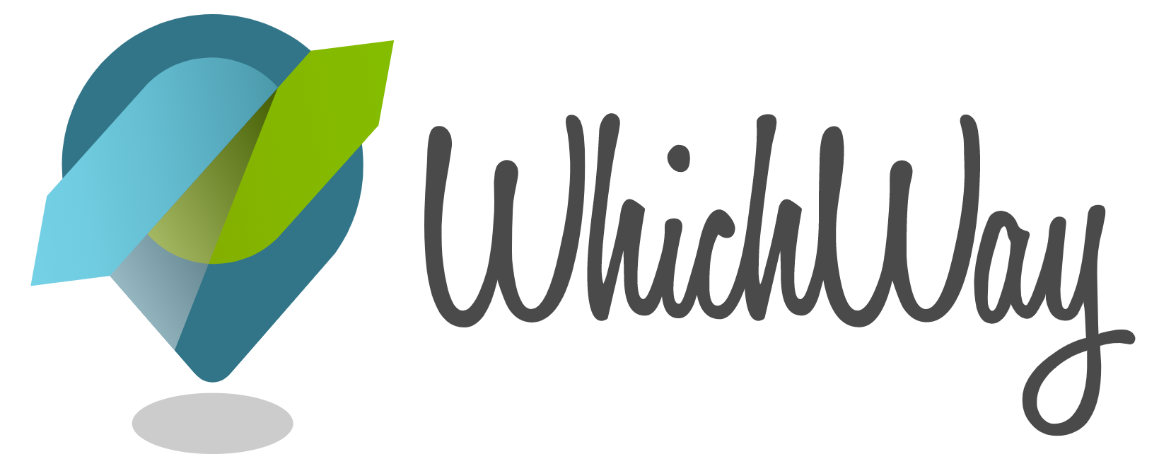 WhichWay logo that has "WhichWay" in grey letters over a white background and a green and blue circle logo. 