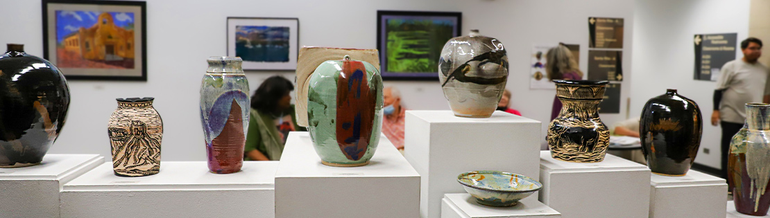 An internal image of pottery in the gallery at West Campus